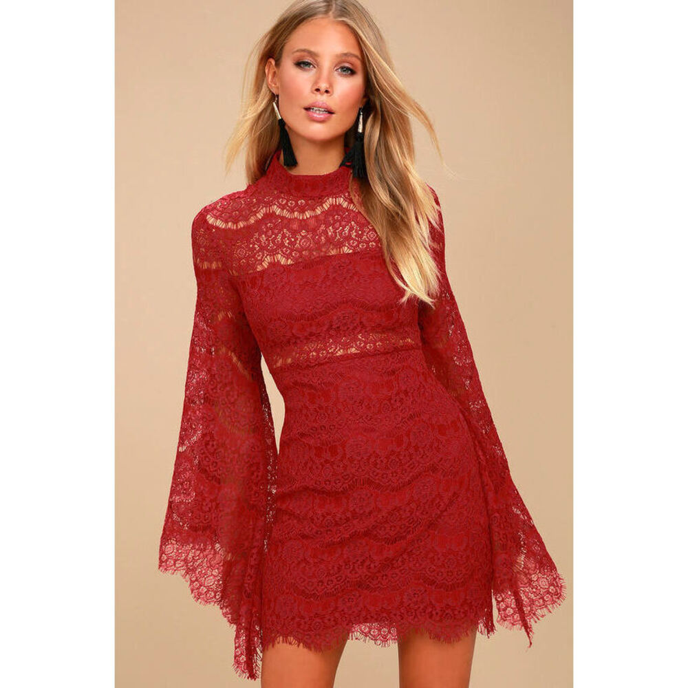 Lulus Bewitching Babe Wine Red Lace Bell Sleeve Dress - Size Small